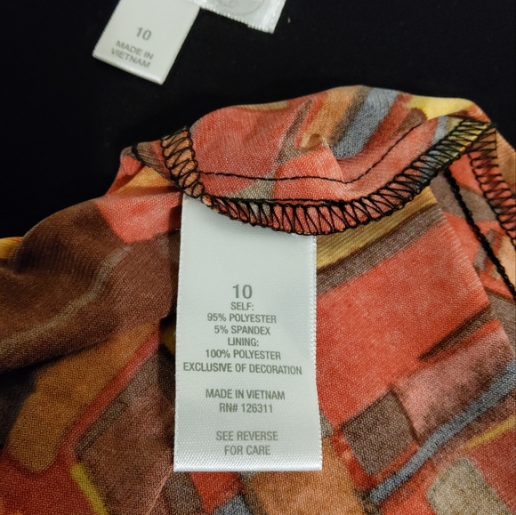 DRESSBARN ORANGE/BLACK FIT & FLARE ASYMMETRICAL SURPLICE SLEEVELES SZ 10 - Picture 9 of 10